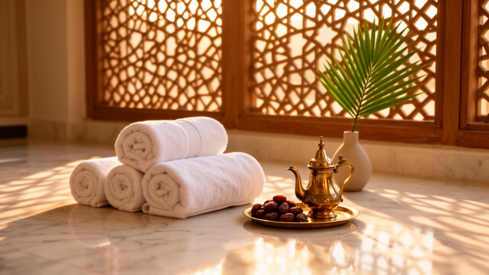 Neatly rolled white towels beside a brass Arabic coffee pot and dates on a marble floor, with mashrabiya lattice shadows
