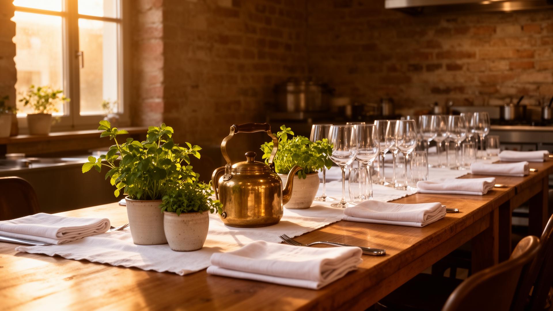 A long wooden table set with white linen, fresh herbs and a brass kettle in a Frankfurt hospitality kitchen at golden hour