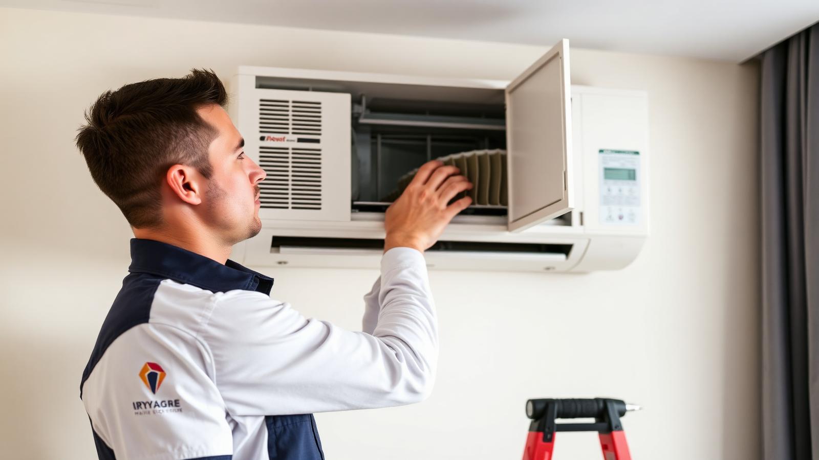 Technician servicing an AC unit in a Dubai apartment