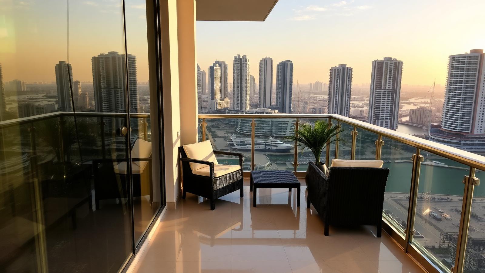 Pristine pressure-washed balcony with city views in Dubai