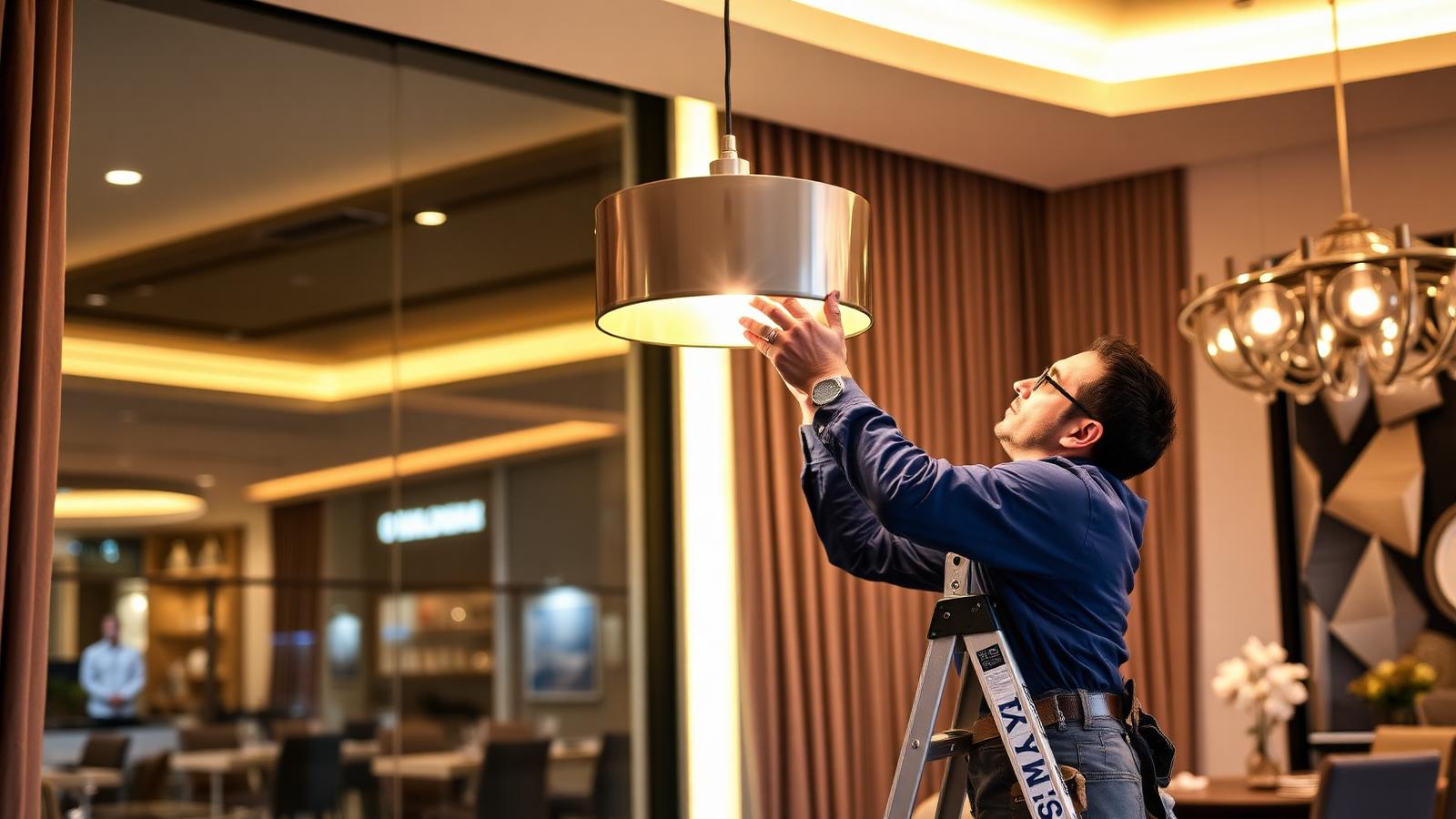 Certified electrician installing a fixture in a Dubai apartment