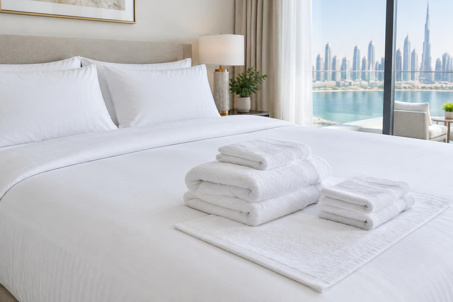 White hotel linen prepared for a Dubai holiday home