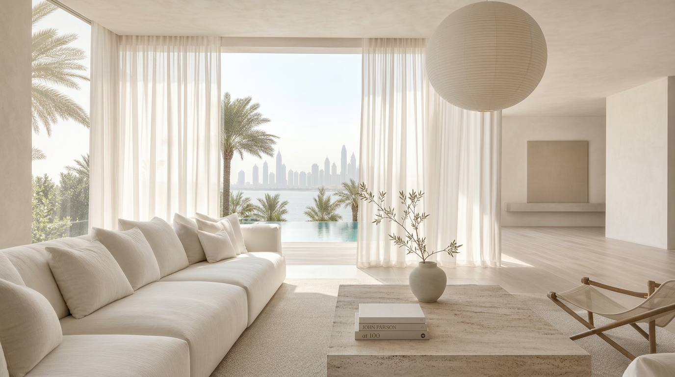 Serene luxury bedroom at golden hour with palm view