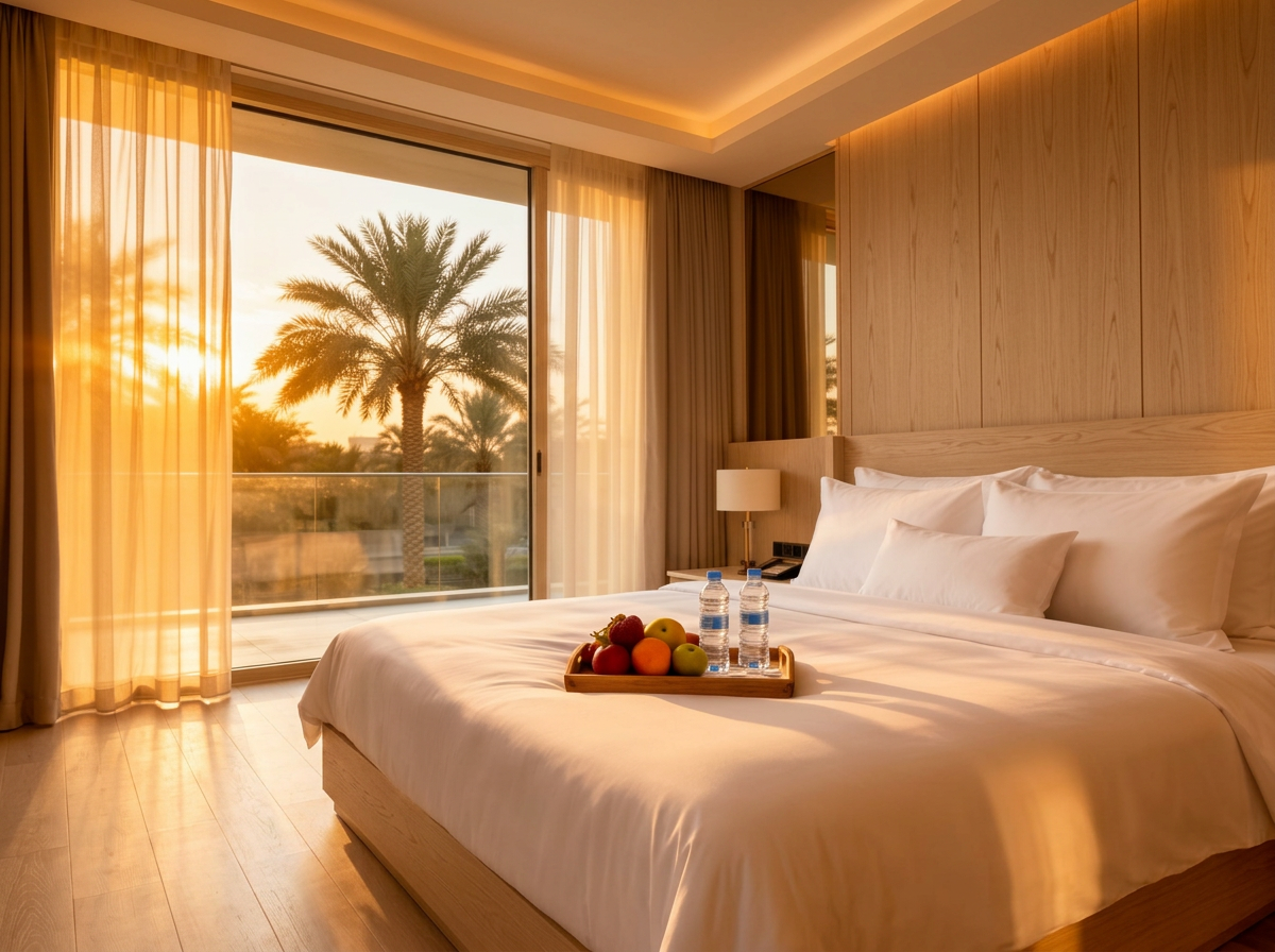 Holiday home bedroom prepared for guests with welcome tray and pool view