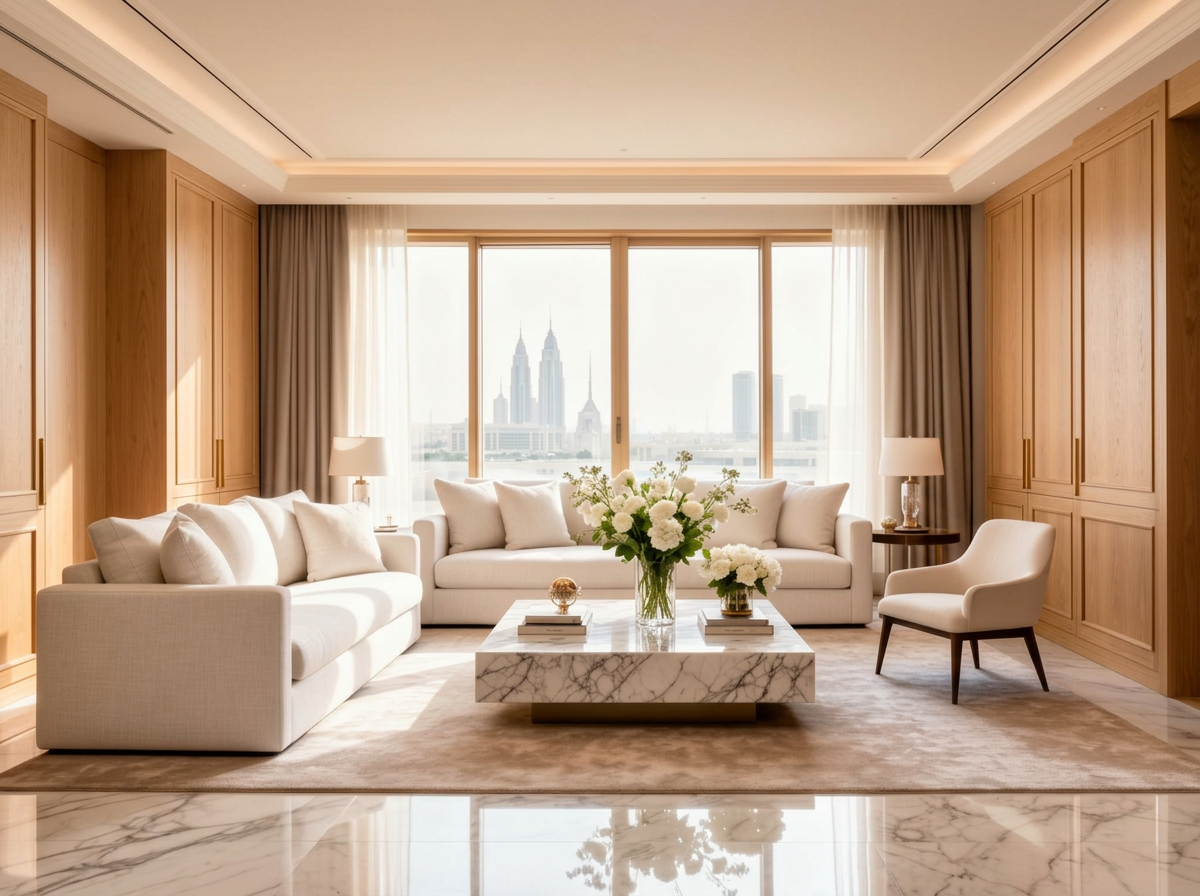Elegant residential living room with marble and fresh flowers