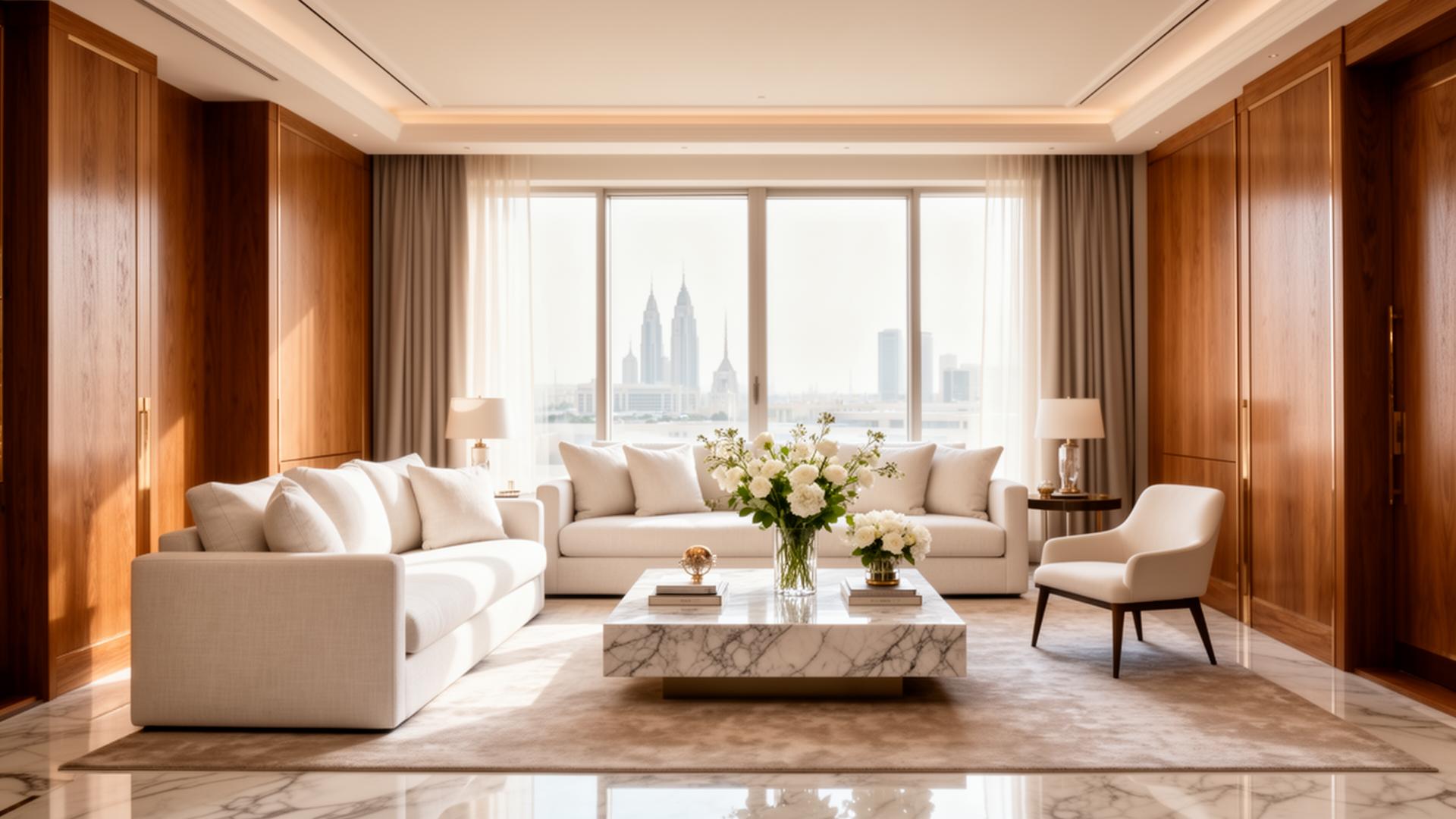 Elegant residential living room with marble and fresh flowers