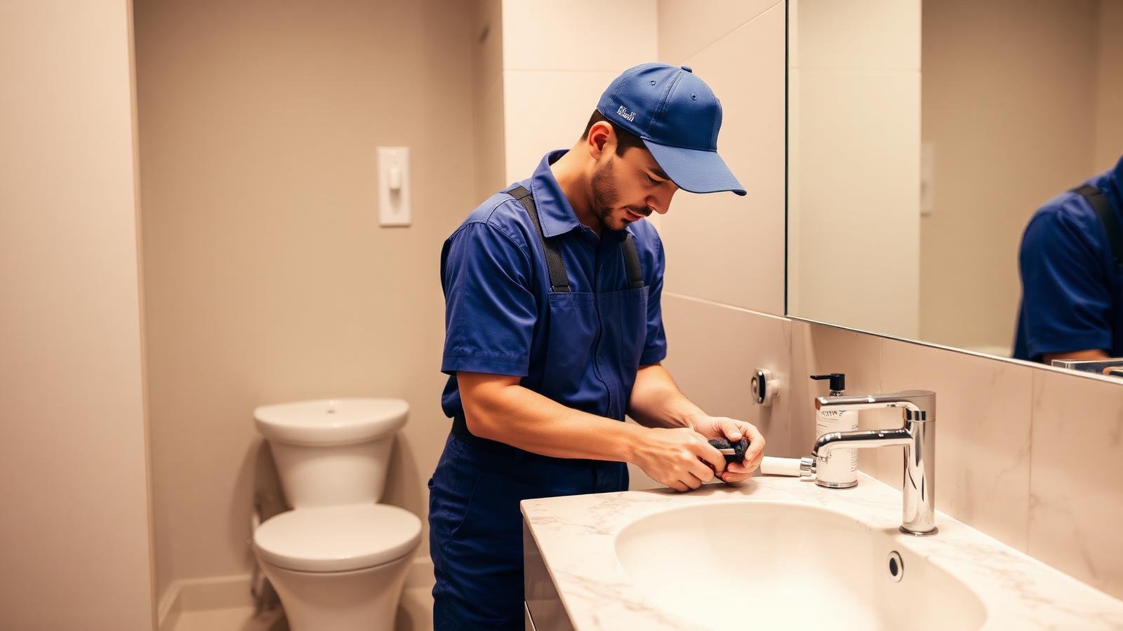 Plumber repairing a tap under a Dubai bathroom sink