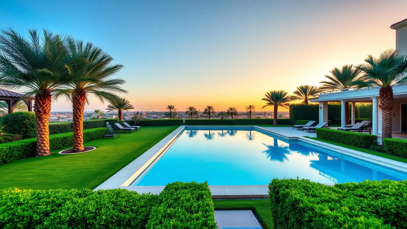 Calm Dubai villa pool and manicured garden at golden hour