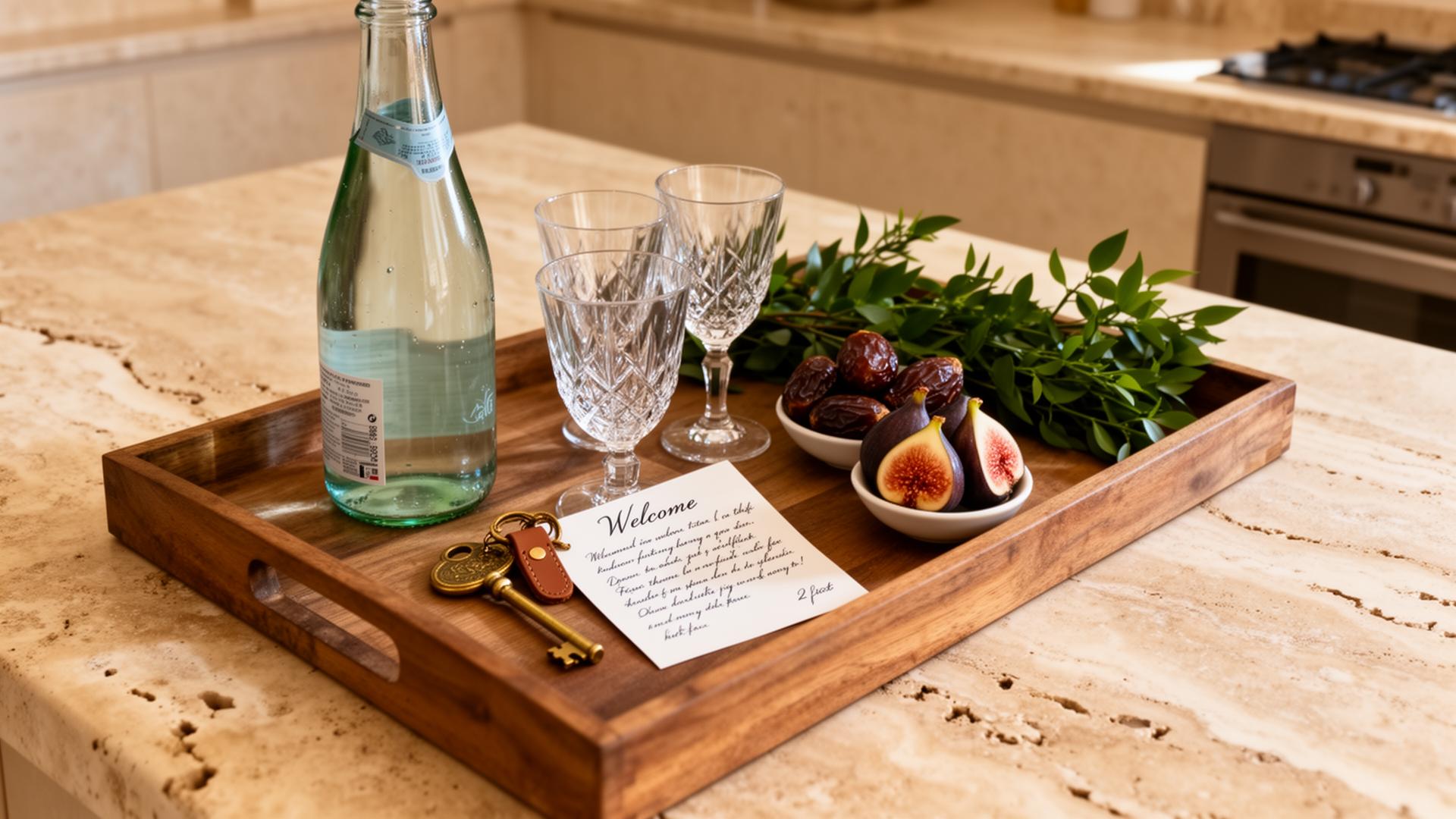Welcome tray with sparkling water, crystal glasses, fresh figs and a handwritten note