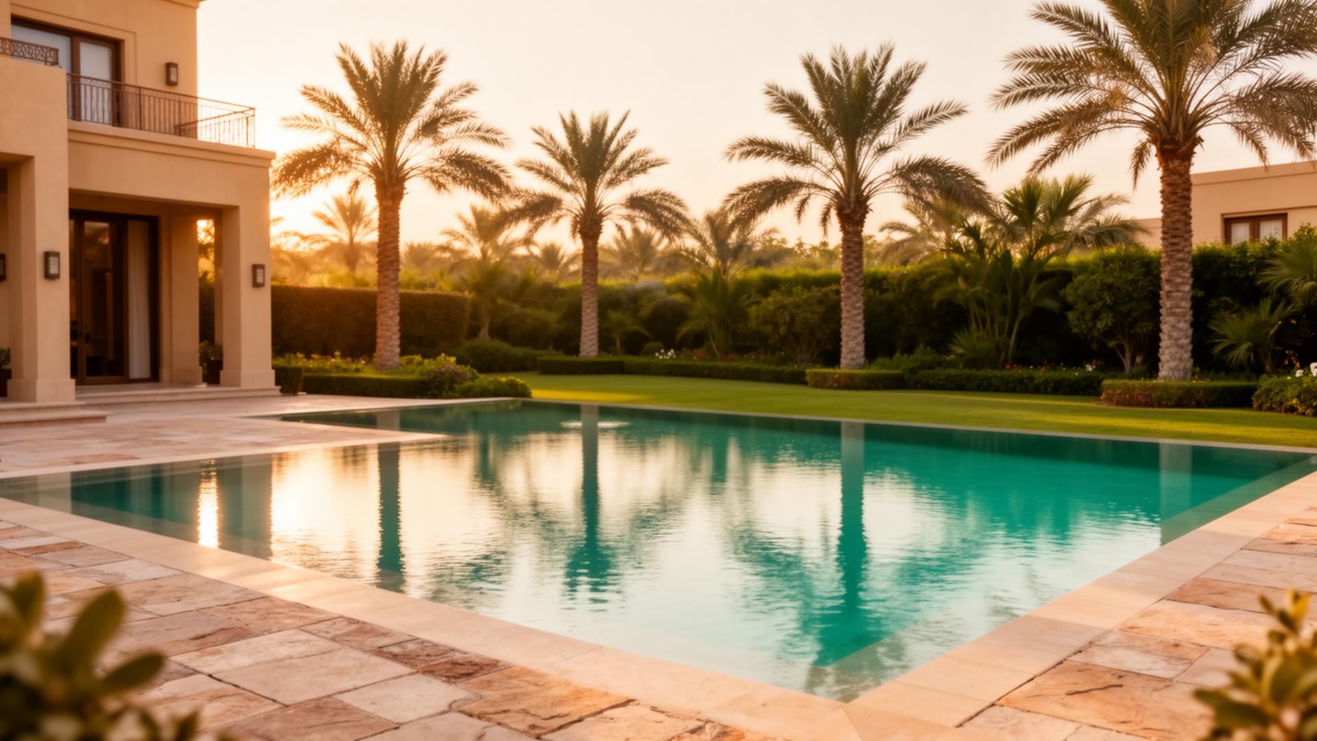 Calm villa pool and manicured garden at golden hour
