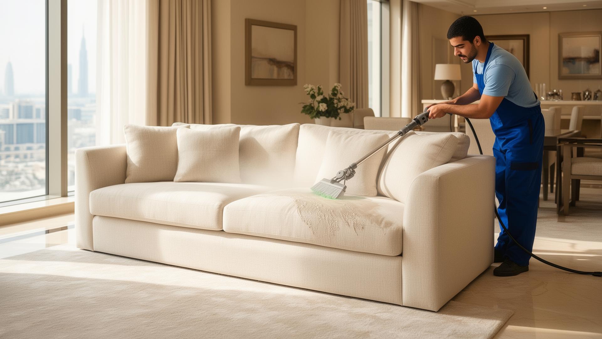 Professional upholstery cleaning restoring a luxury Dubai sofa